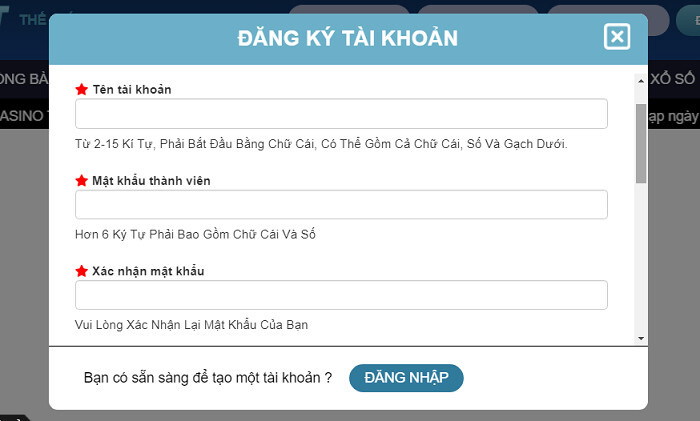 Đăng ký tài khoản để tham gia cá cược